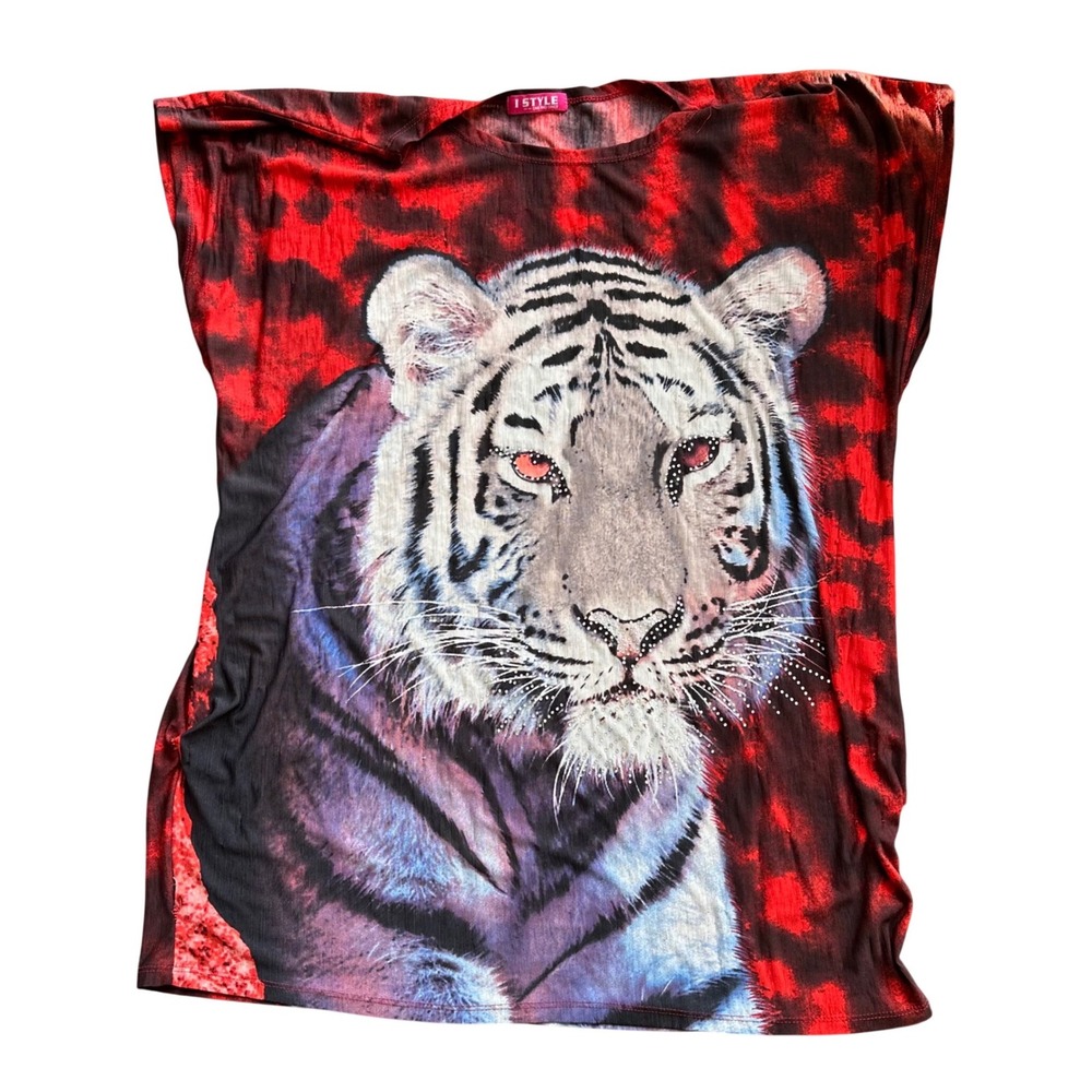 I Style Womens White Tiger Graphic Rhinestone Red Black Tie Dye Top One Size